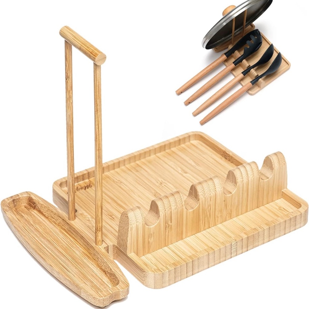 Mayrip Wooden Bamboo Utensil & Spoon Rest with Pot Lid Holder.